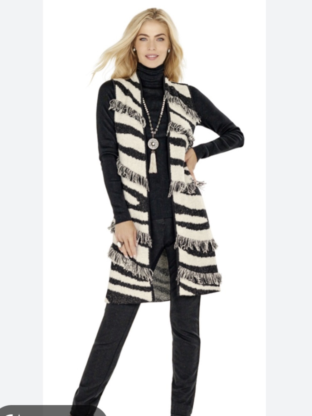 Chico's Black and White Zebra Fringe Long Cardigan Vest Size 1/Medium